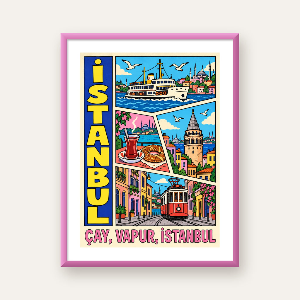 Pop-Art İstanbul Şehir Manzarası Poster – Renkli Modern Dekor — pembe çerçeveli paspartulu