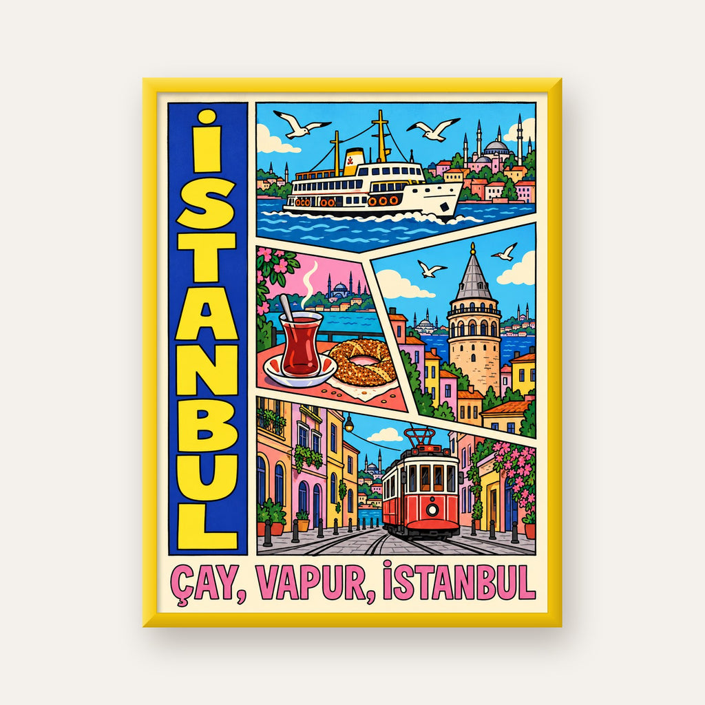 Pop-Art İstanbul Şehir Manzarası Poster – Renkli Modern Dekor — sarı çerçeveli