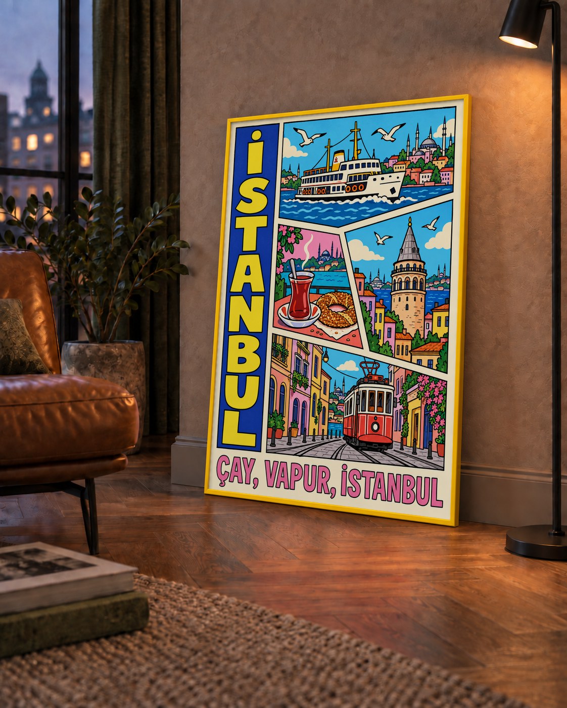 Pop-Art İstanbul Şehir Manzarası Poster – Renkli Modern Dekor — çerçeveli hâliyle bir ev duvarında