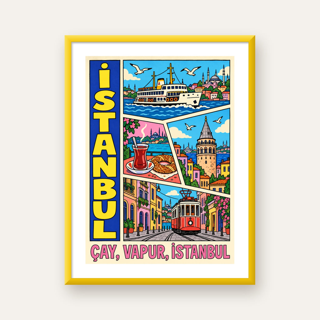 Pop-Art İstanbul Şehir Manzarası Poster – Renkli Modern Dekor — sarı çerçeveli paspartulu