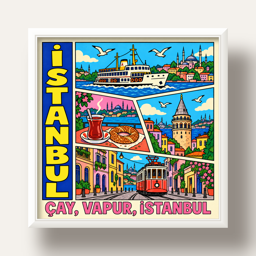 Pop-Art İstanbul Şehir Manzarası Poster – Renkli Modern Dekor — beyaz derin çerçeveli