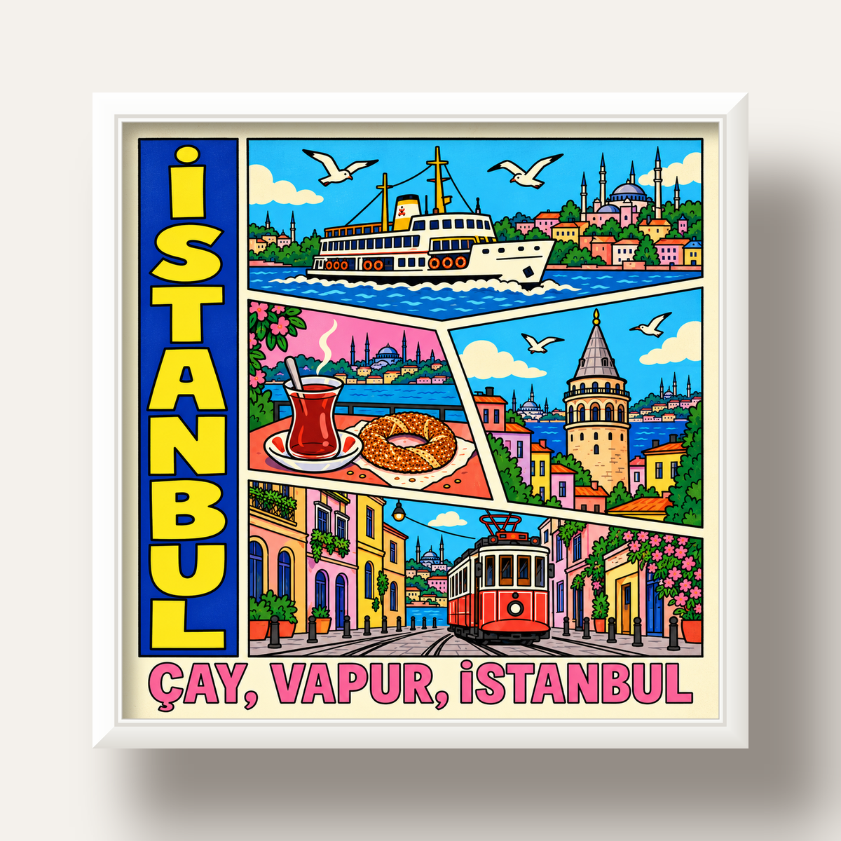 Pop-Art İstanbul Şehir Manzarası Poster – Renkli Modern Dekor — beyaz derin çerçeveli