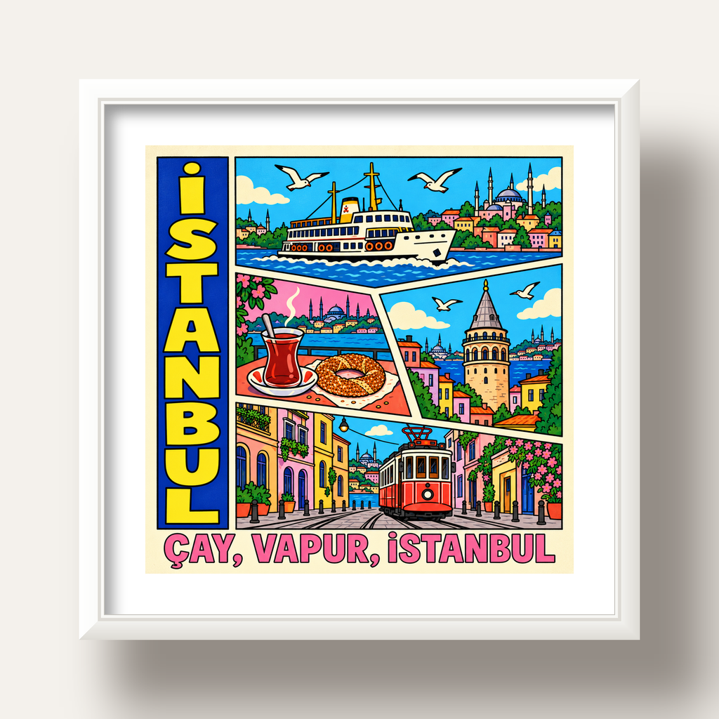 Pop-Art İstanbul Şehir Manzarası Poster – Renkli Modern Dekor — beyaz derin çerçeveli paspartulu