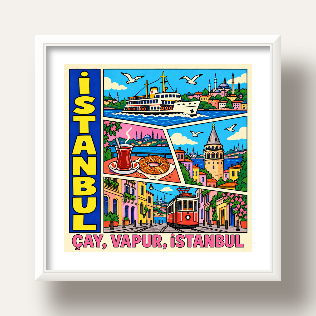 Pop-Art İstanbul Şehir Manzarası Poster – Renkli Modern Dekor — beyaz derin çerçeveli paspartulu