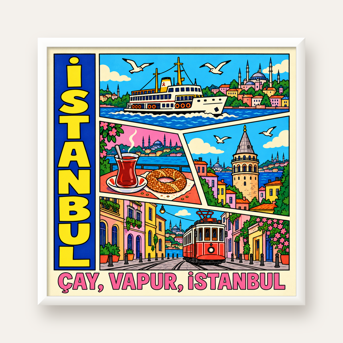 Pop-Art İstanbul Şehir Manzarası Poster – Renkli Modern Dekor — beyaz çerçeveli kare poster