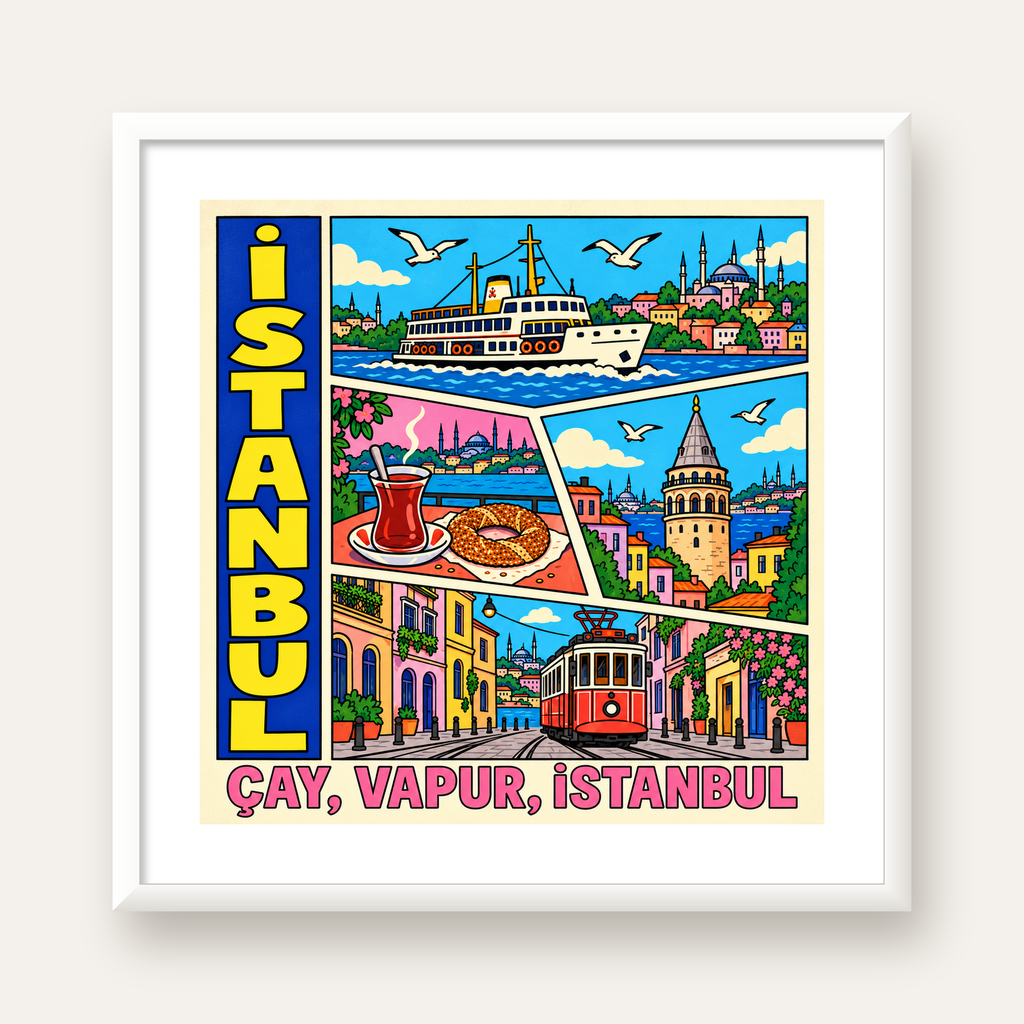 Pop-Art İstanbul Şehir Manzarası Poster – Renkli Modern Dekor — beyaz çerçeveli kare poster