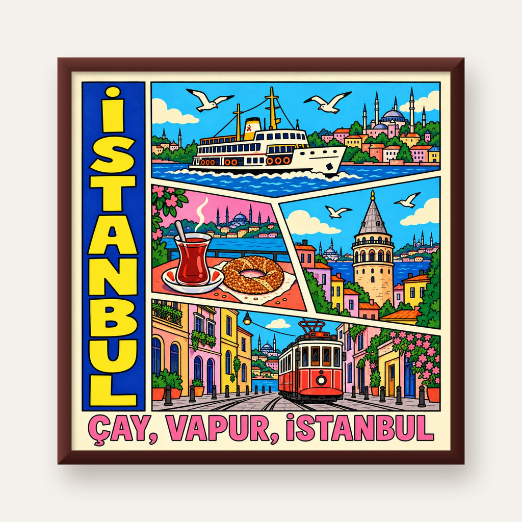 Pop-Art İstanbul Şehir Manzarası Poster – Renkli Modern Dekor — ceviz çerçeveli
