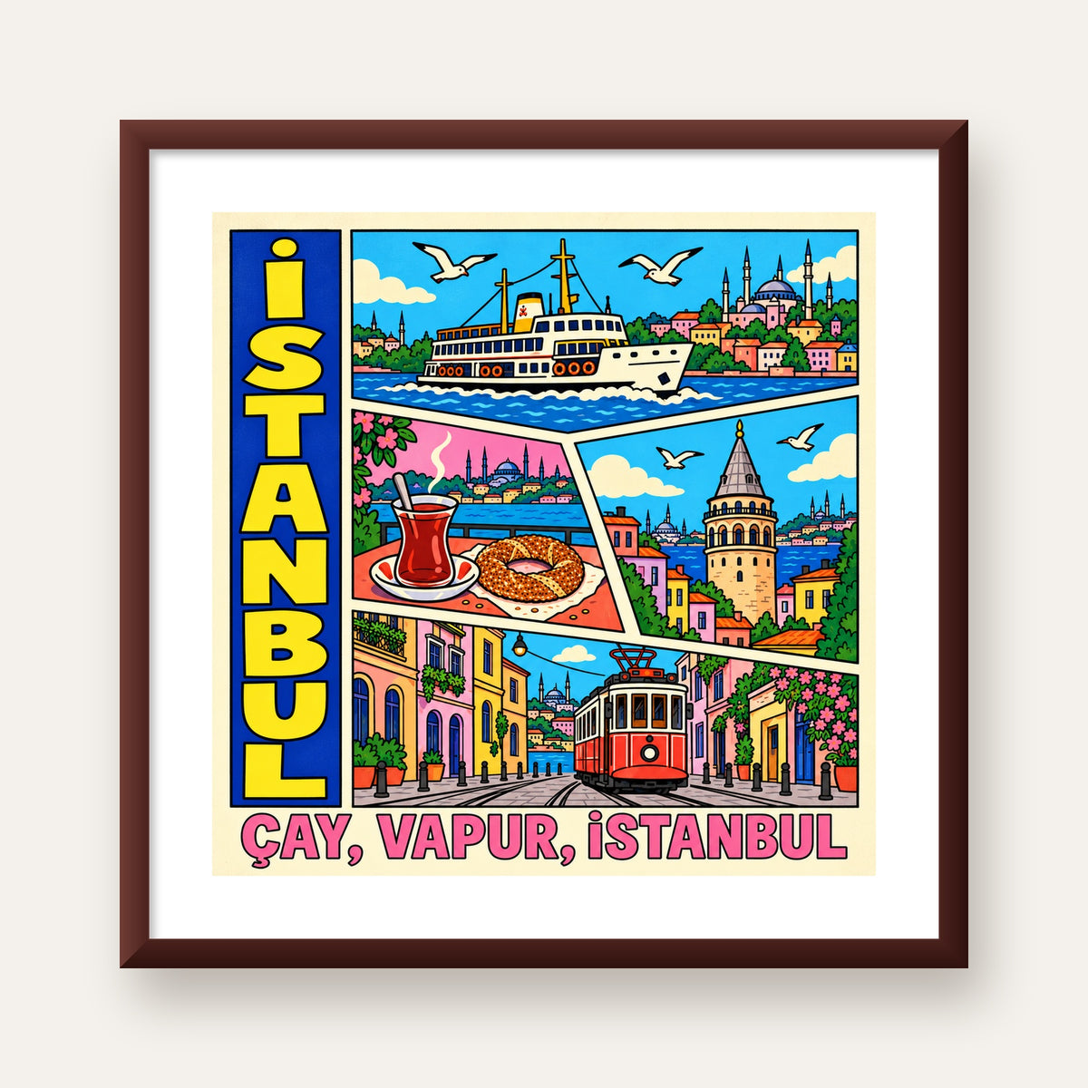 Pop-Art İstanbul Şehir Manzarası Poster – Renkli Modern Dekor — ceviz çerçeveli paspartulu