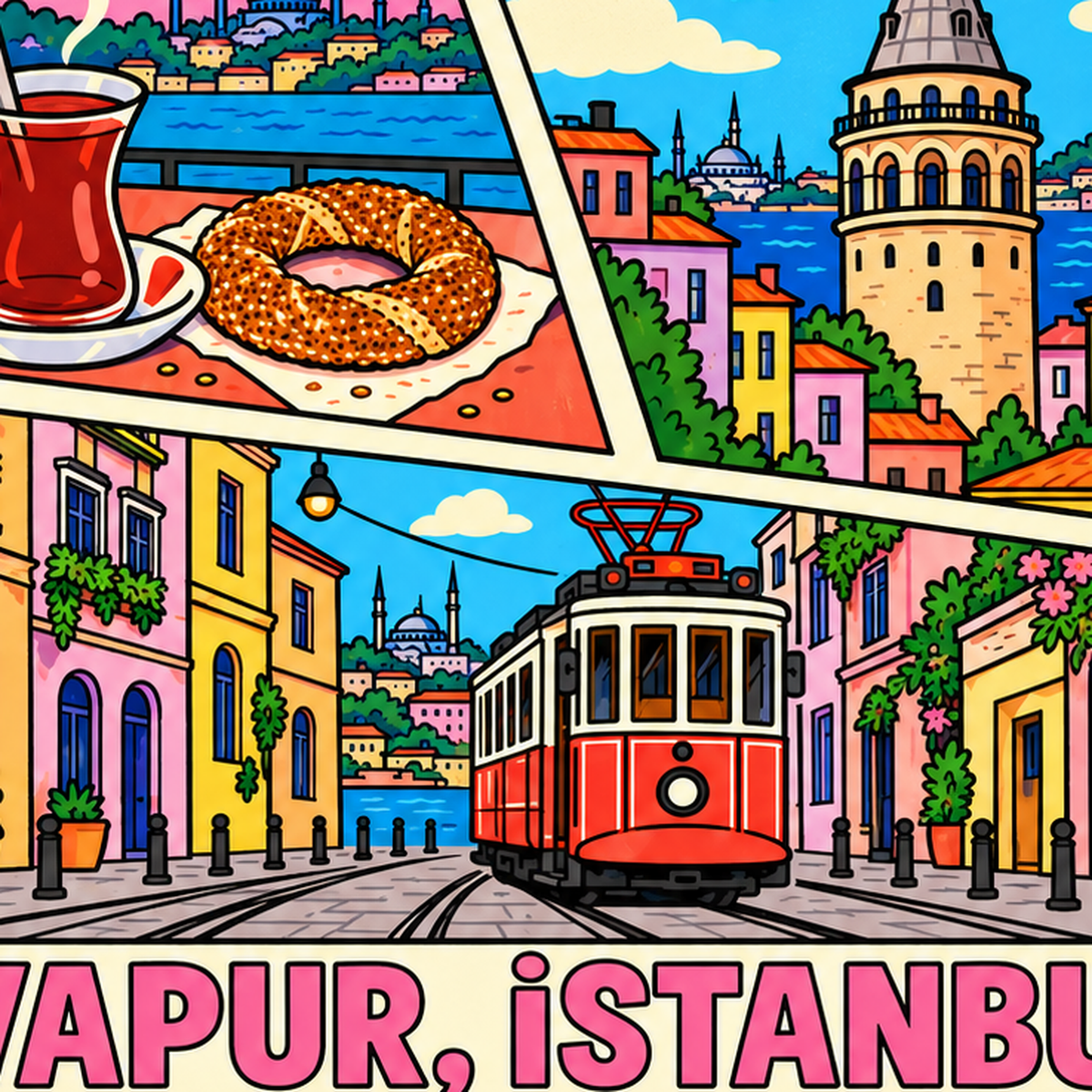 Pop-Art İstanbul Şehir Manzarası Poster – Renkli Modern Dekor — baskının yakın çekimi, kâğıt dokusu ve renk detayı