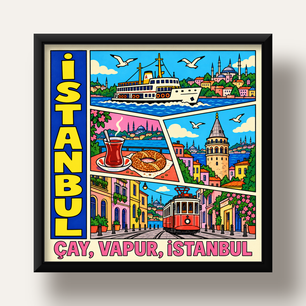 Pop-Art İstanbul Şehir Manzarası Poster – Renkli Modern Dekor — siyah derin çerçeveli