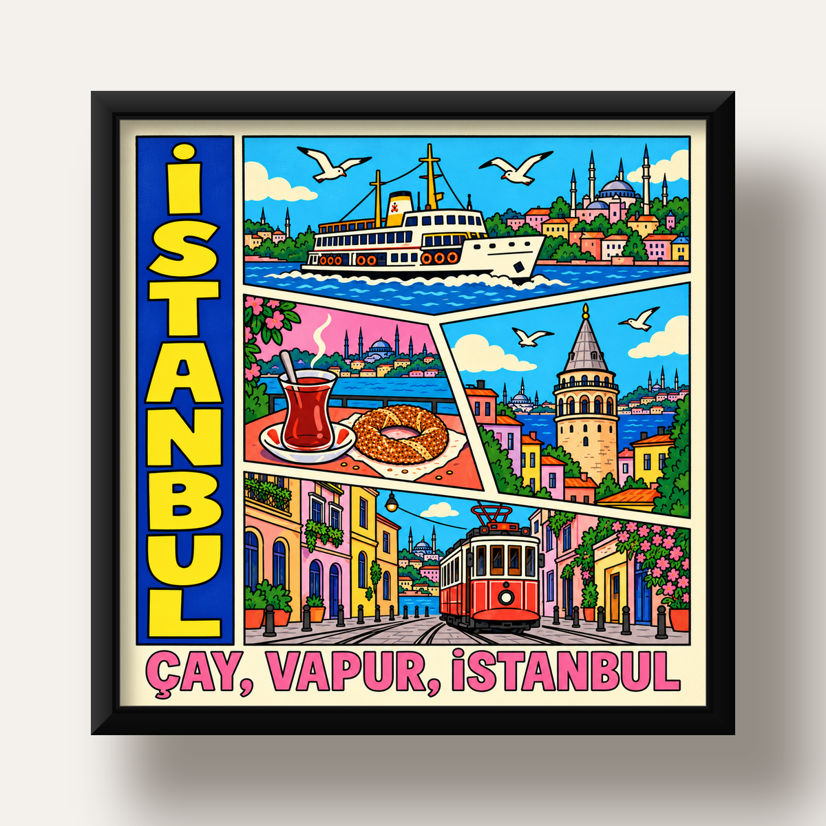 Pop-Art İstanbul Şehir Manzarası Poster – Renkli Modern Dekor — siyah derin çerçeveli