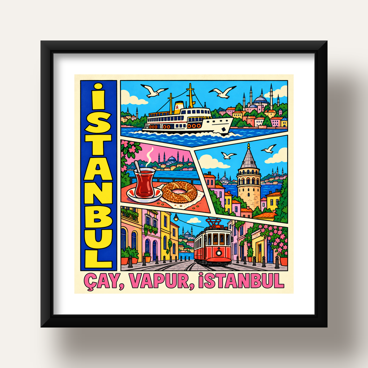Pop-Art İstanbul Şehir Manzarası Poster – Renkli Modern Dekor — siyah derin çerçeveli paspartulu