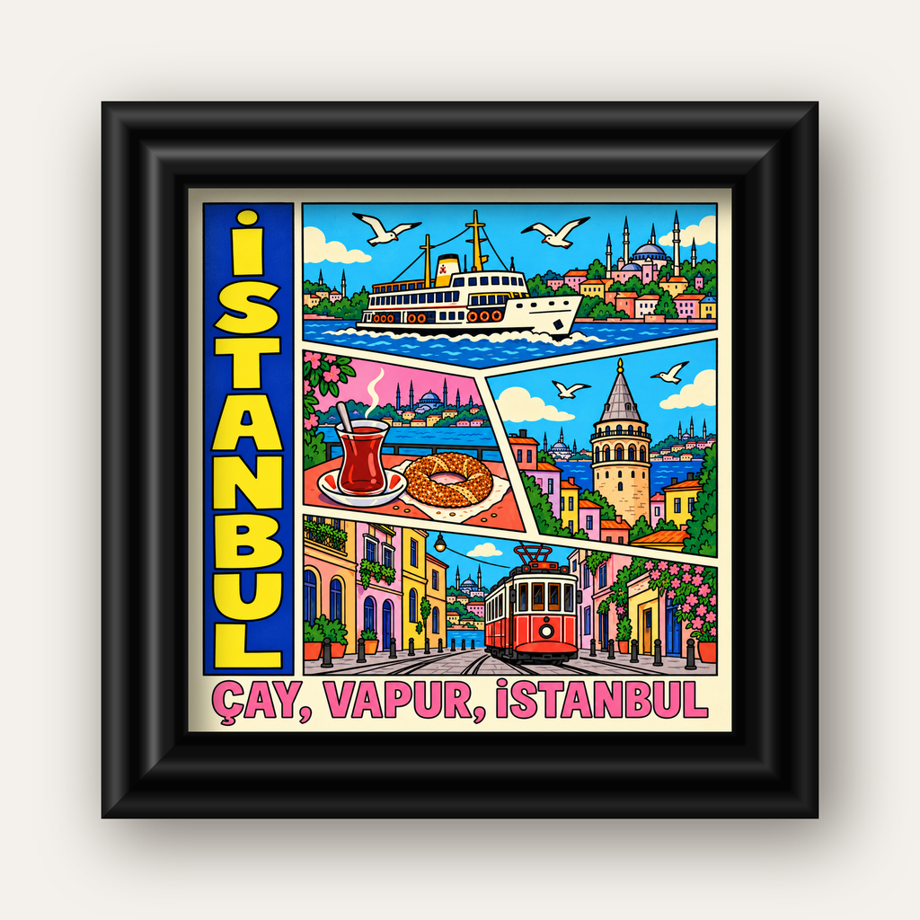 Pop-Art İstanbul Şehir Manzarası Poster – Renkli Modern Dekor — siyah galeri çerçeveli