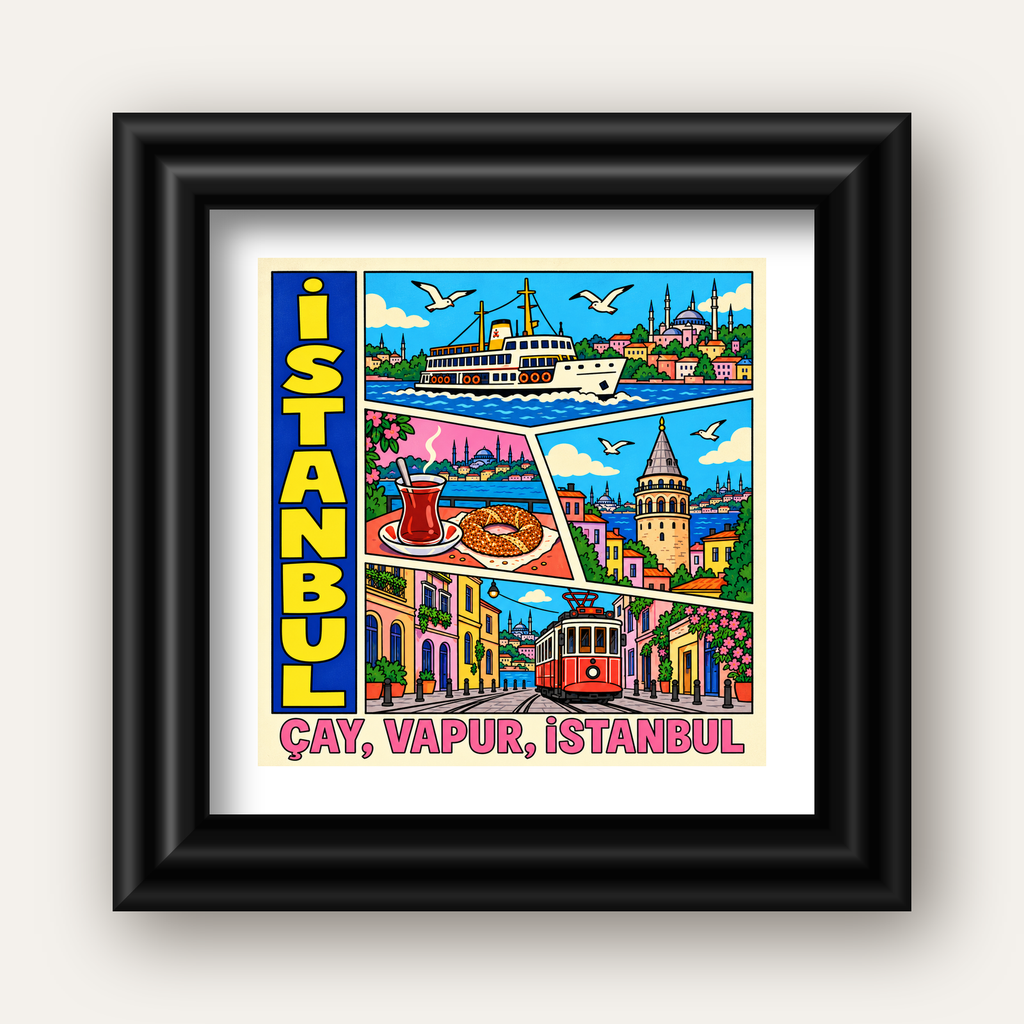 Pop-Art İstanbul Şehir Manzarası Poster – Renkli Modern Dekor — siyah galeri çerçeveli paspartulu