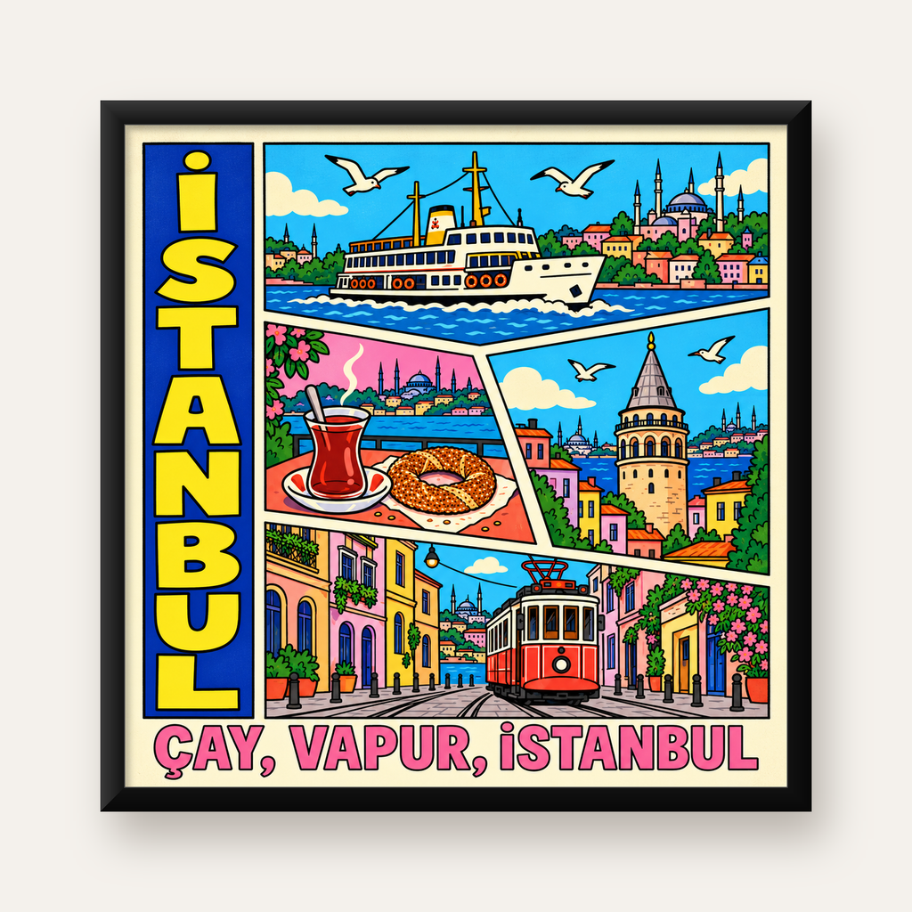 Pop-Art İstanbul Şehir Manzarası Poster – Renkli Modern Dekor — Kare baskı, düz siyah çerçeveli duvar posteri