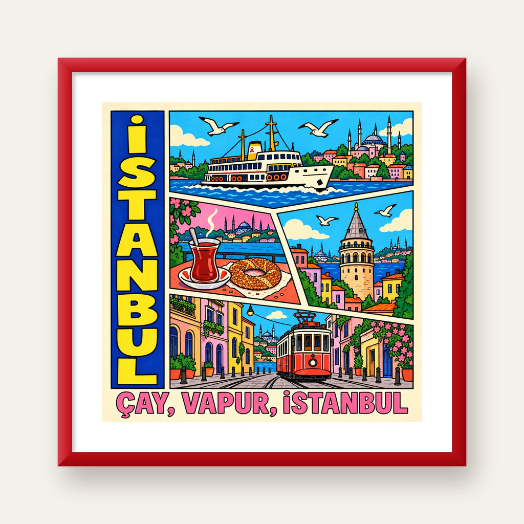 Pop-Art İstanbul Şehir Manzarası Poster – Renkli Modern Dekor — kırmızı çerçeveli paspartulu