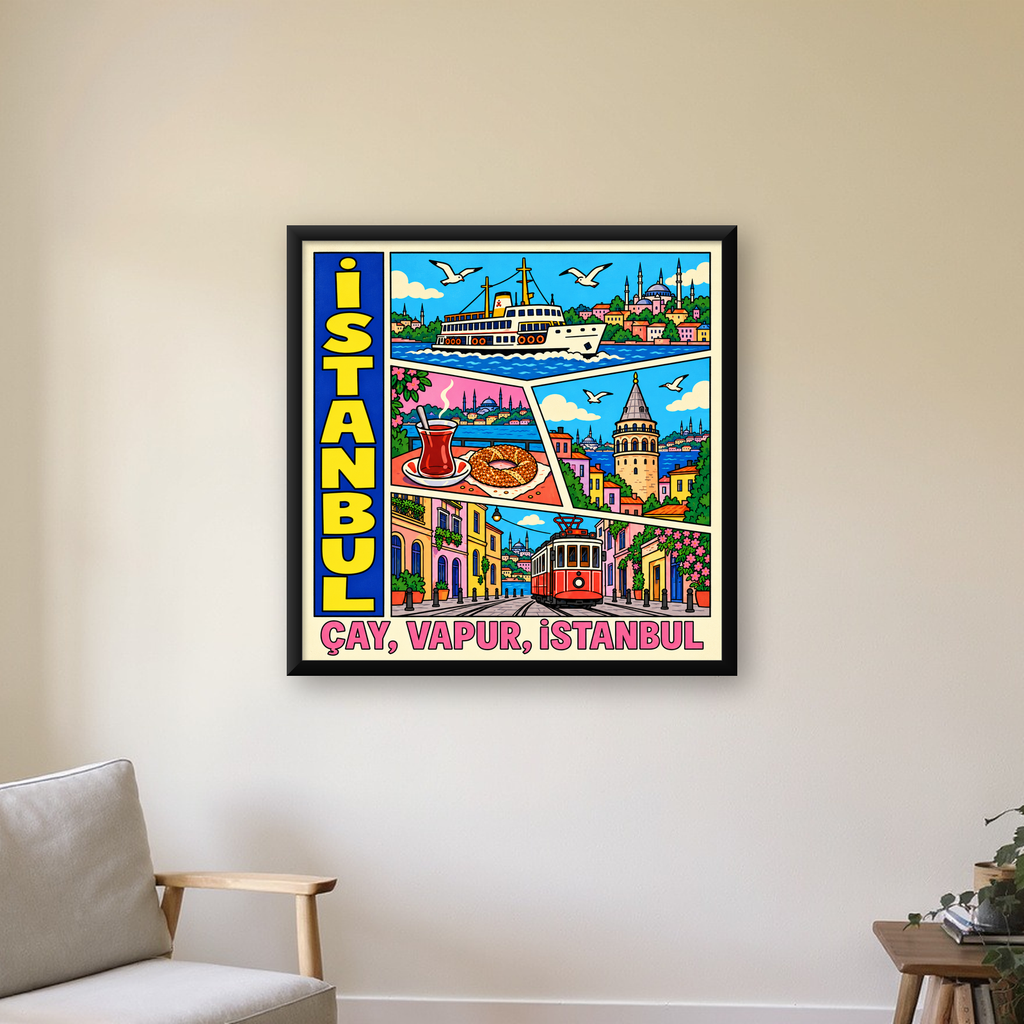 Pop-Art İstanbul Şehir Manzarası Poster – Renkli Modern Dekor — Kare baskı, çerçeveli hâliyle bir ev duvarında