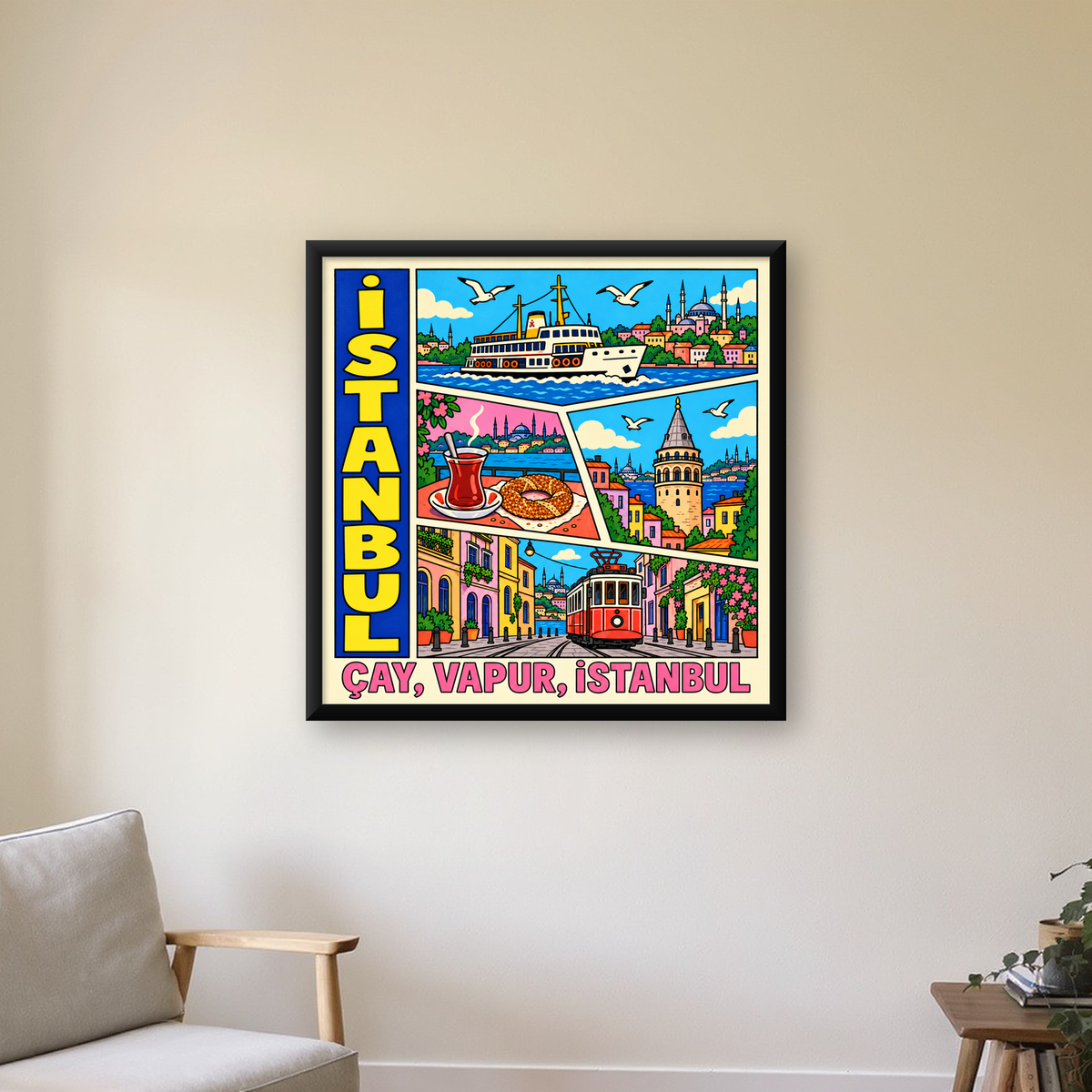 Pop-Art İstanbul Şehir Manzarası Poster – Renkli Modern Dekor — Kare baskı, çerçeveli hâliyle bir ev duvarında