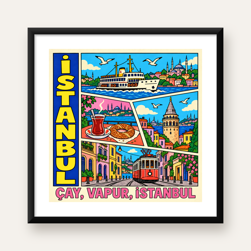 Pop-Art İstanbul Şehir Manzarası Poster – Renkli Modern Dekor — Kare baskı, beyaz paspartulu