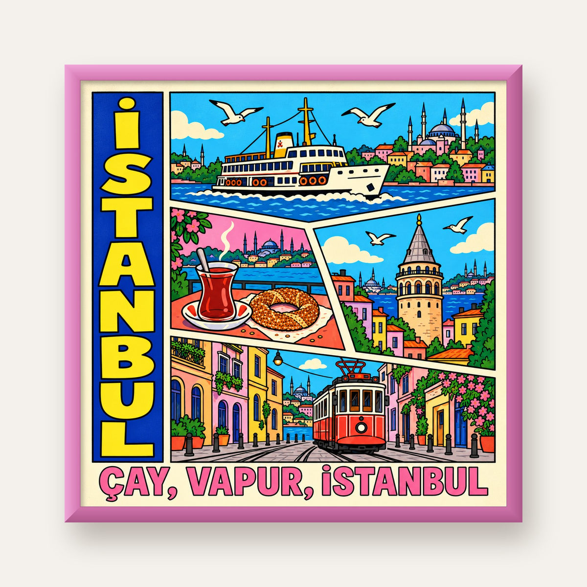 Pop-Art İstanbul Şehir Manzarası Poster – Renkli Modern Dekor — pembe çerçeveli