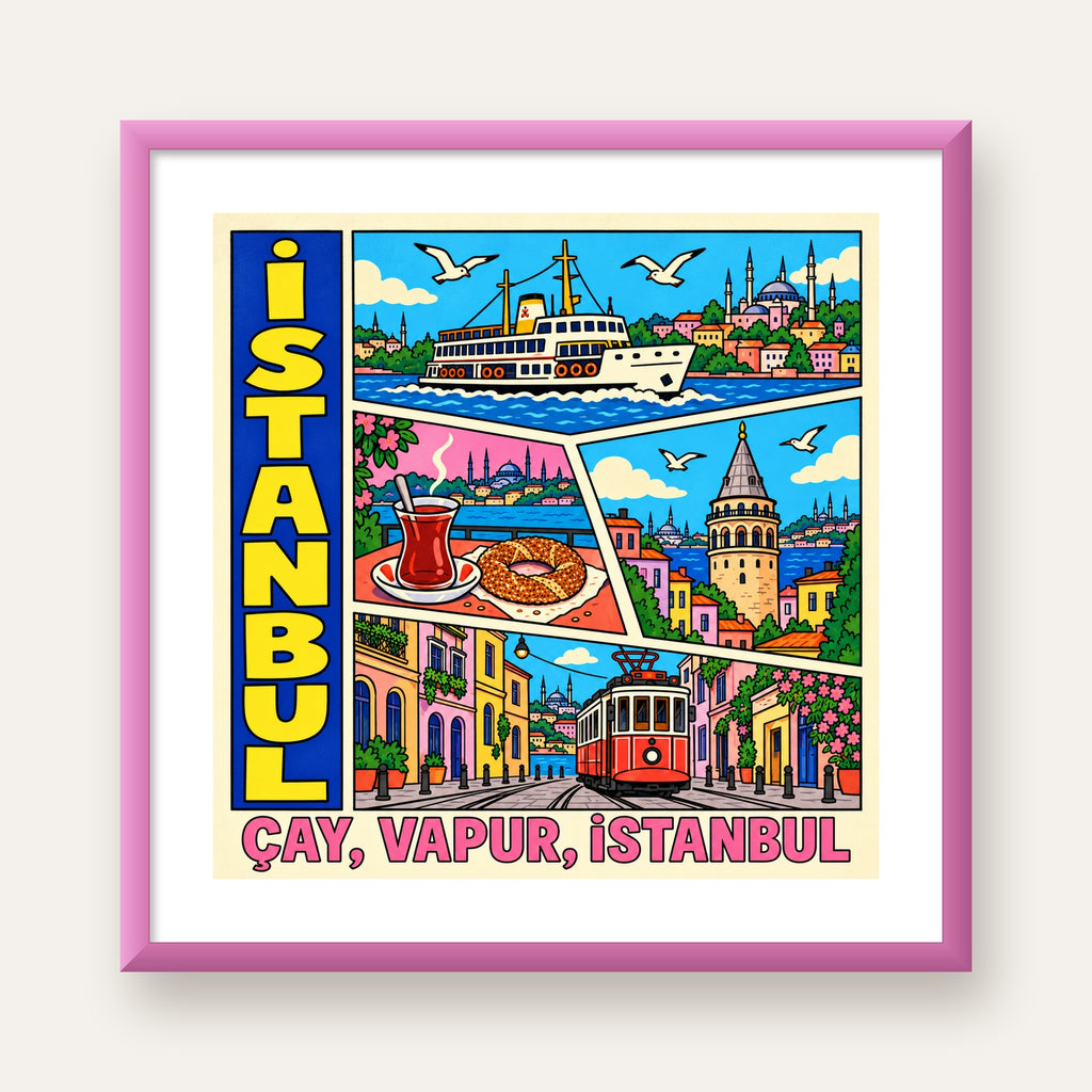 Pop-Art İstanbul Şehir Manzarası Poster – Renkli Modern Dekor — pembe çerçeveli paspartulu