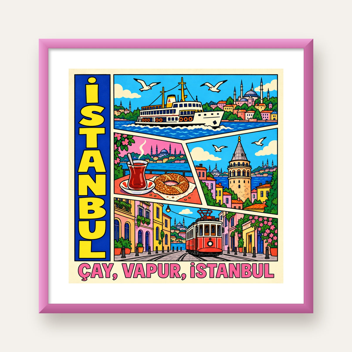 Pop-Art İstanbul Şehir Manzarası Poster – Renkli Modern Dekor — pembe çerçeveli paspartulu