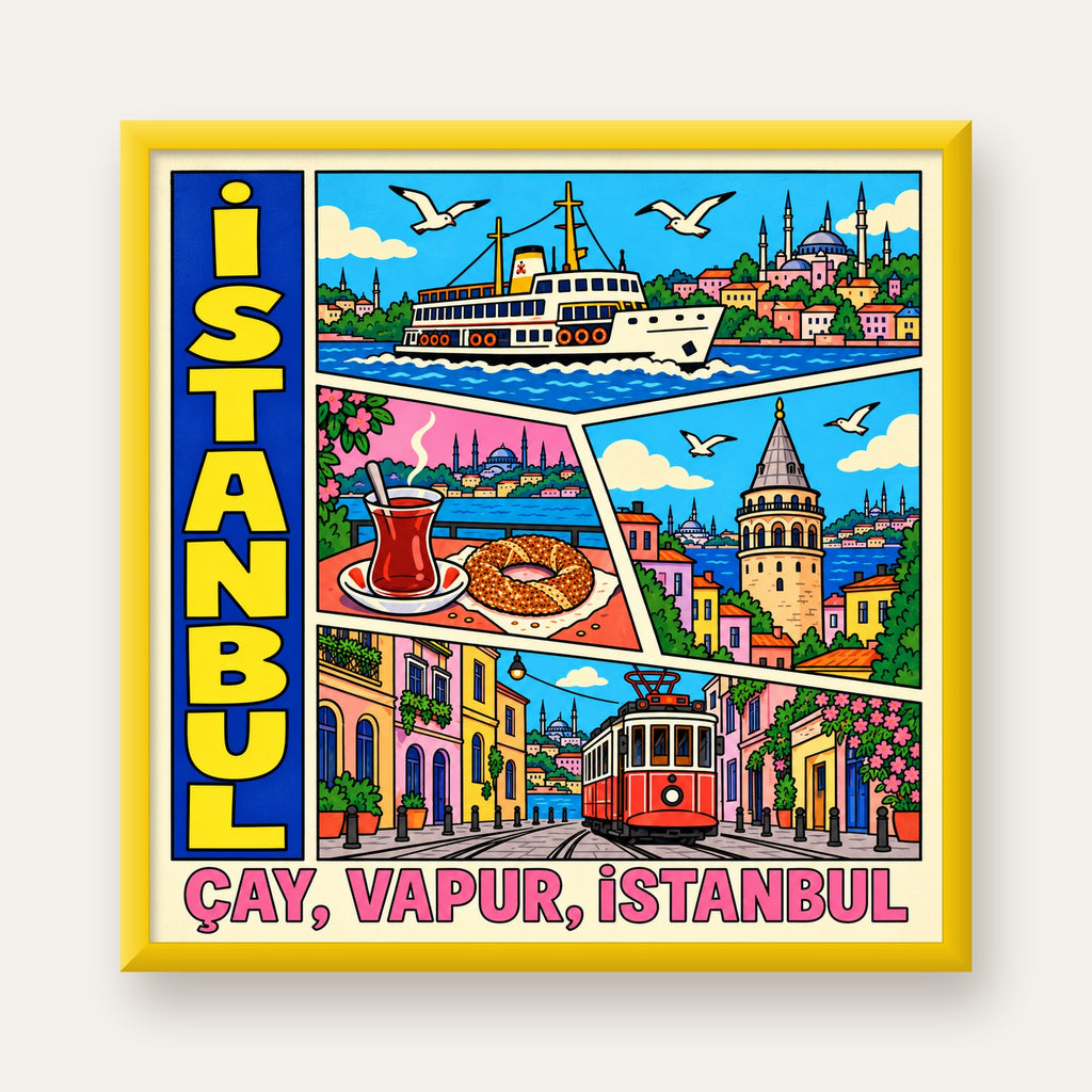 Pop-Art İstanbul Şehir Manzarası Poster – Renkli Modern Dekor — sarı çerçeveli