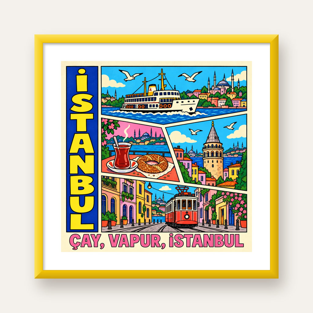 Pop-Art İstanbul Şehir Manzarası Poster – Renkli Modern Dekor — sarı çerçeveli paspartulu