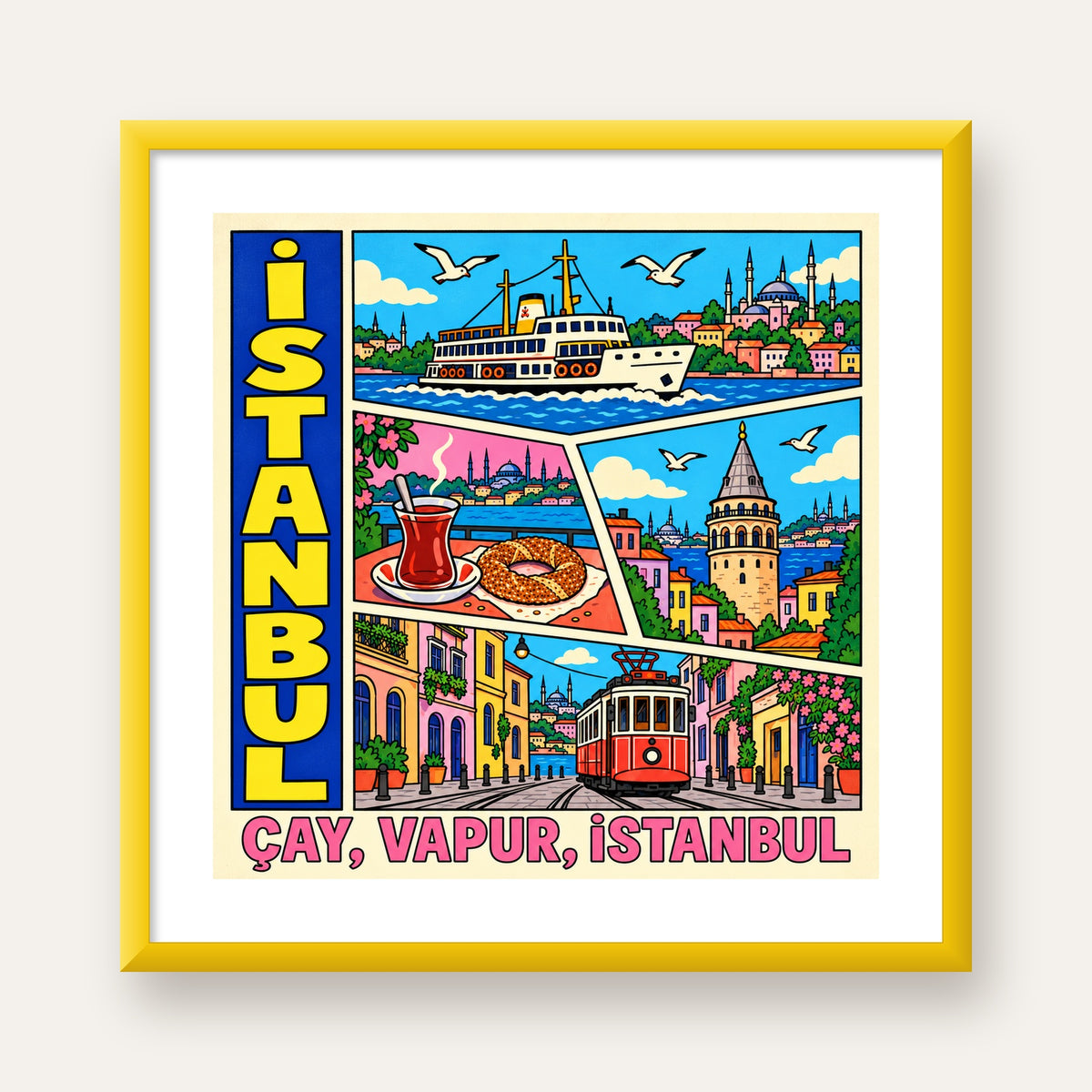 Pop-Art İstanbul Şehir Manzarası Poster – Renkli Modern Dekor — sarı çerçeveli paspartulu