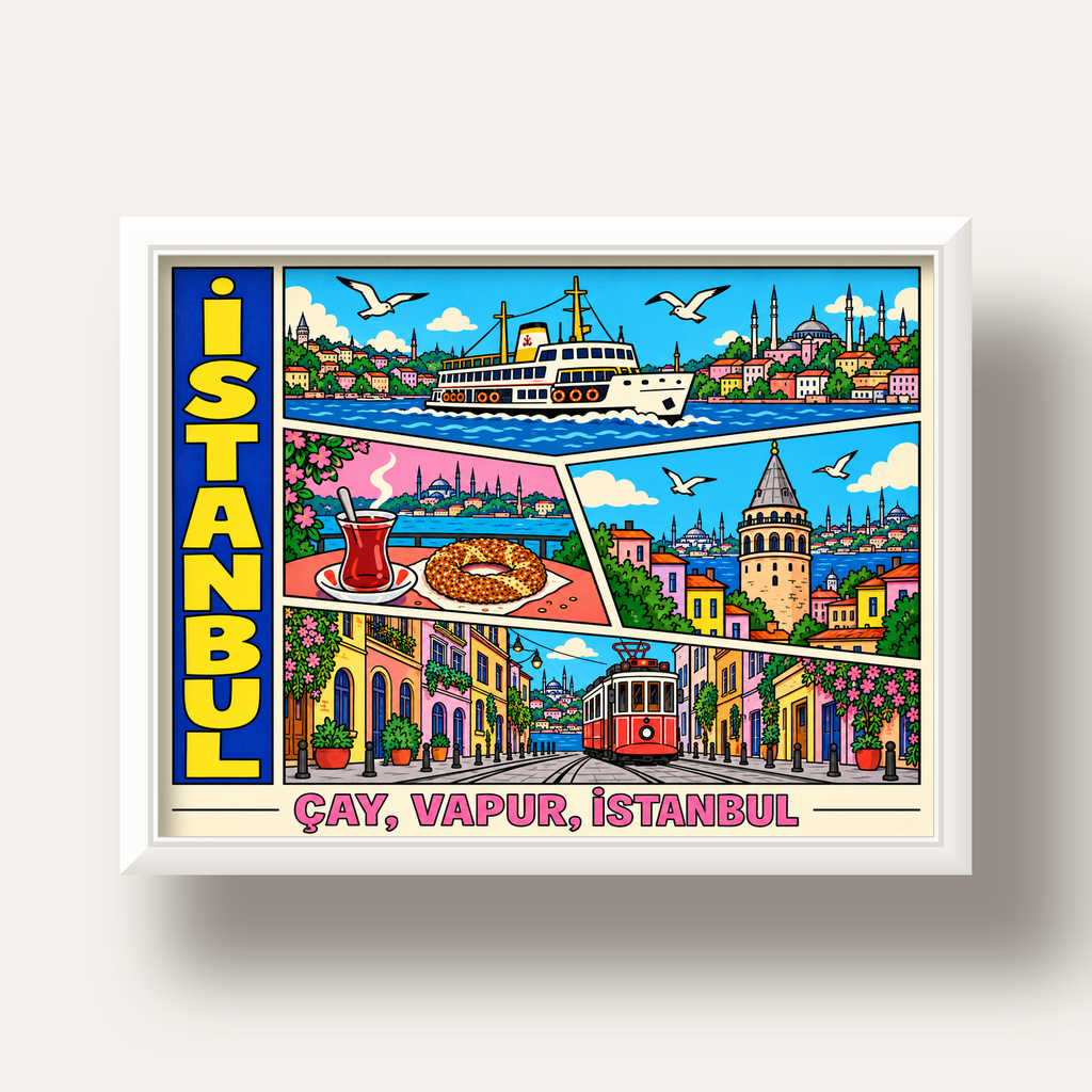 Pop-Art İstanbul Şehir Manzarası Poster – Renkli Modern Dekor — beyaz derin çerçeveli
