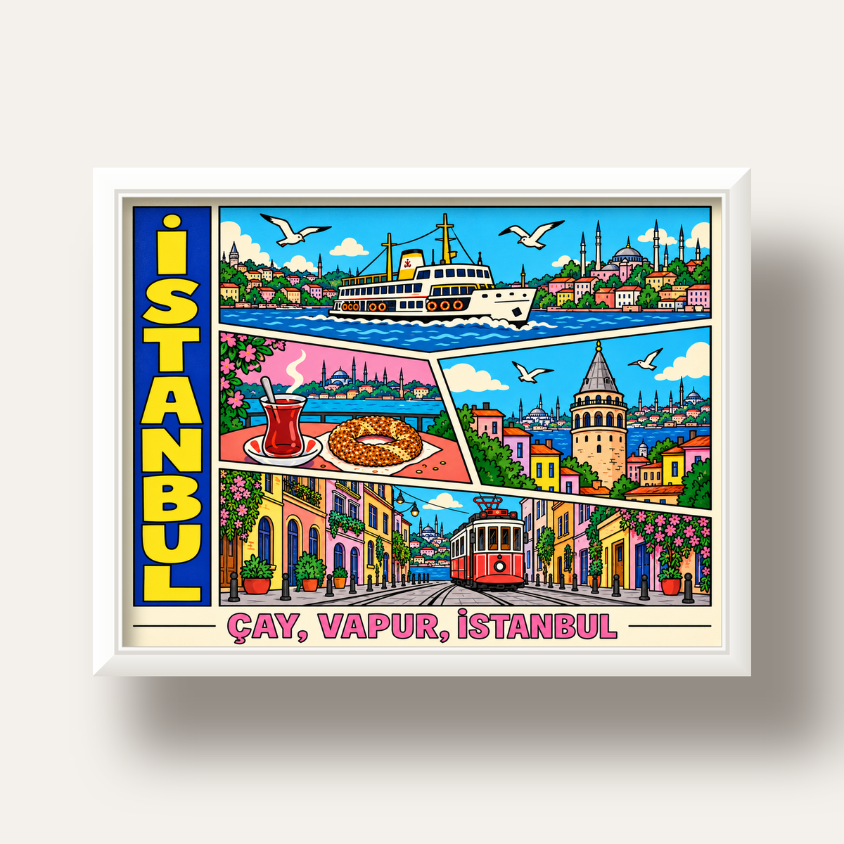Pop-Art İstanbul Şehir Manzarası Poster – Renkli Modern Dekor — beyaz derin çerçeveli
