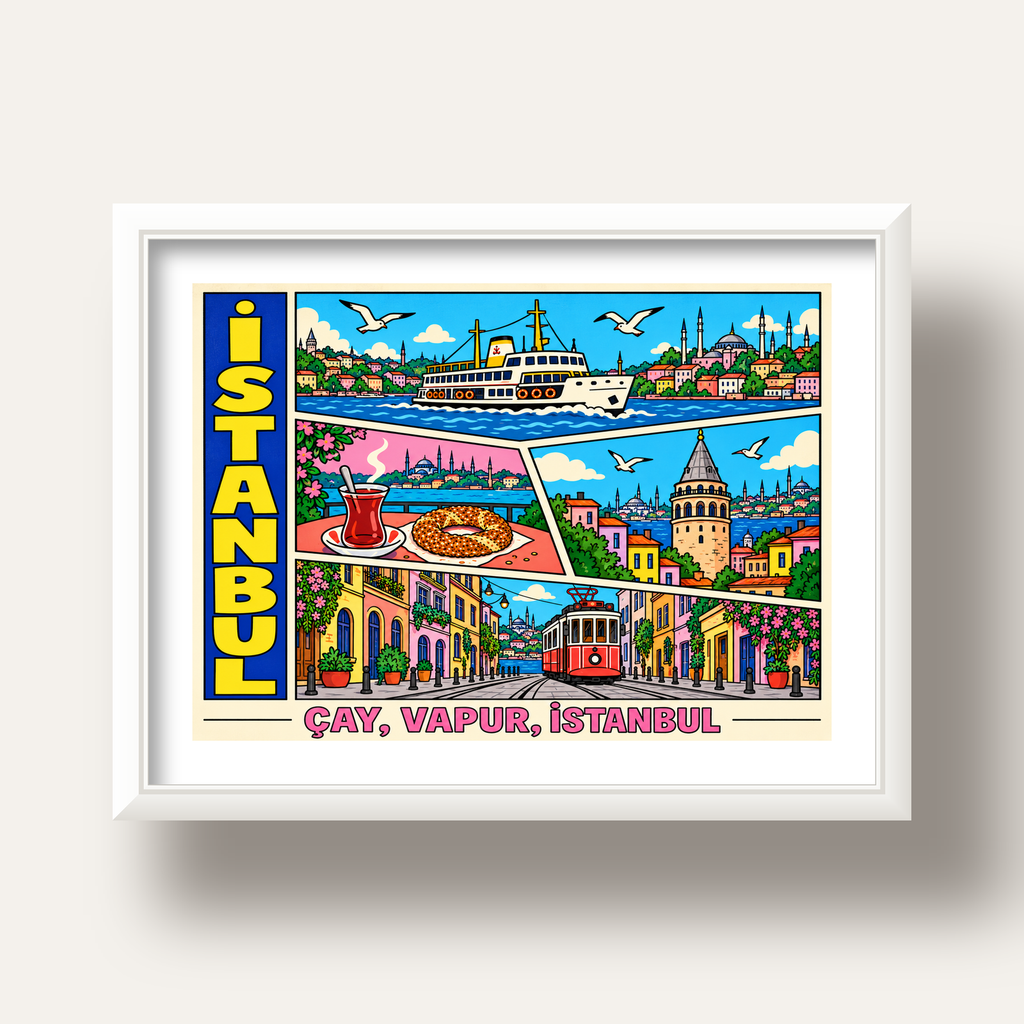 Pop-Art İstanbul Şehir Manzarası Poster – Renkli Modern Dekor — beyaz derin çerçeveli paspartulu