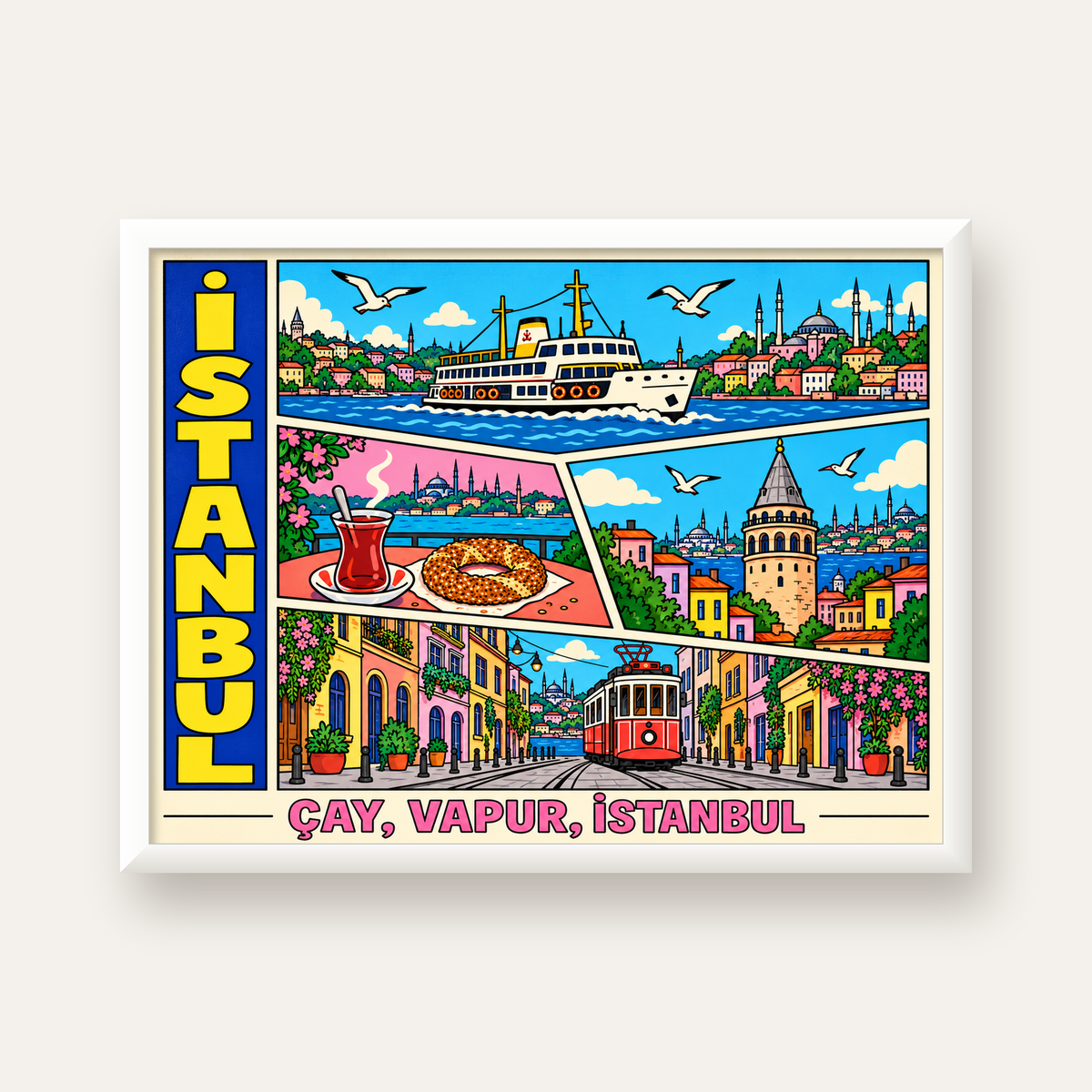 Pop-Art İstanbul Şehir Manzarası Poster – Renkli Modern Dekor — beyaz çerçeveli yatay poster