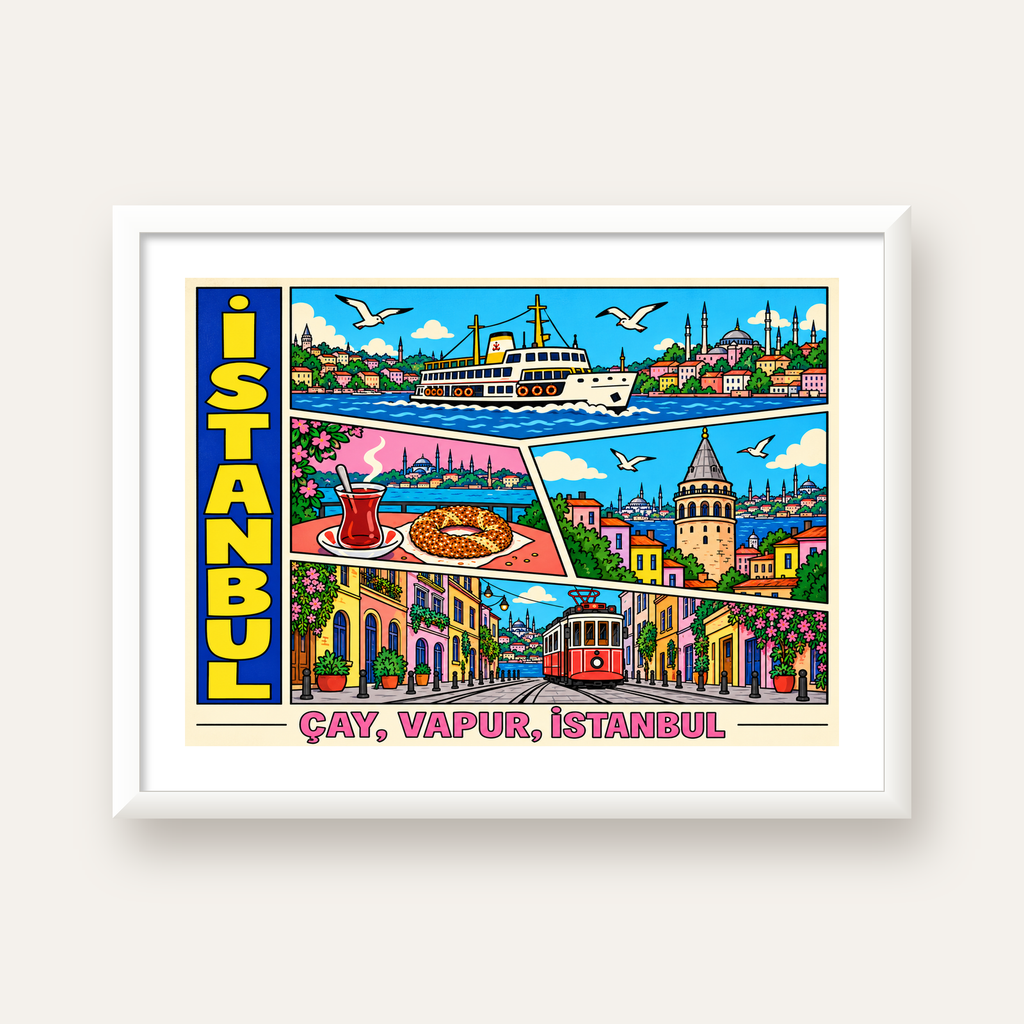 Pop-Art İstanbul Şehir Manzarası Poster – Renkli Modern Dekor — beyaz çerçeveli yatay poster