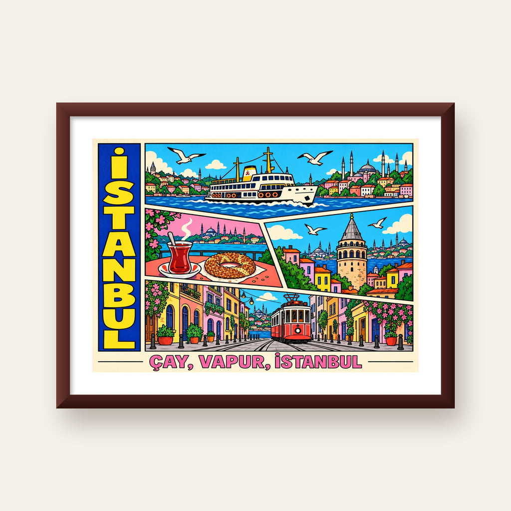 Pop-Art İstanbul Şehir Manzarası Poster – Renkli Modern Dekor — ceviz çerçeveli paspartulu