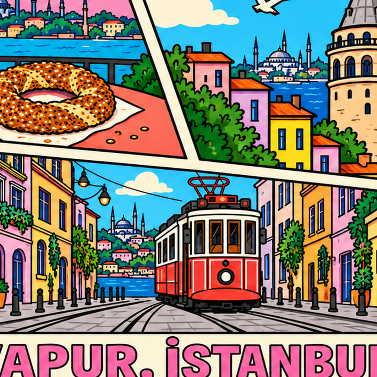 Pop-Art İstanbul Şehir Manzarası Poster – Renkli Modern Dekor — baskının yakın çekimi, kâğıt dokusu ve renk detayı