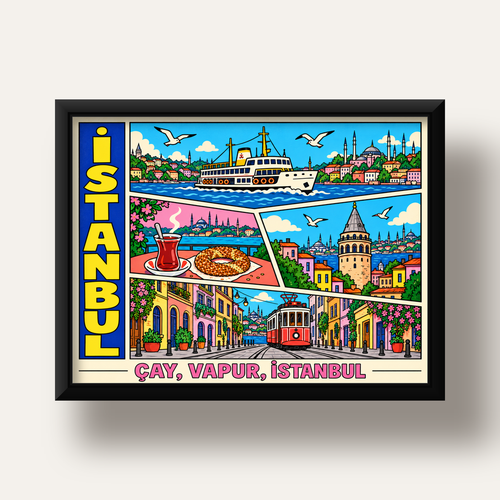 Pop-Art İstanbul Şehir Manzarası Poster – Renkli Modern Dekor — siyah derin çerçeveli