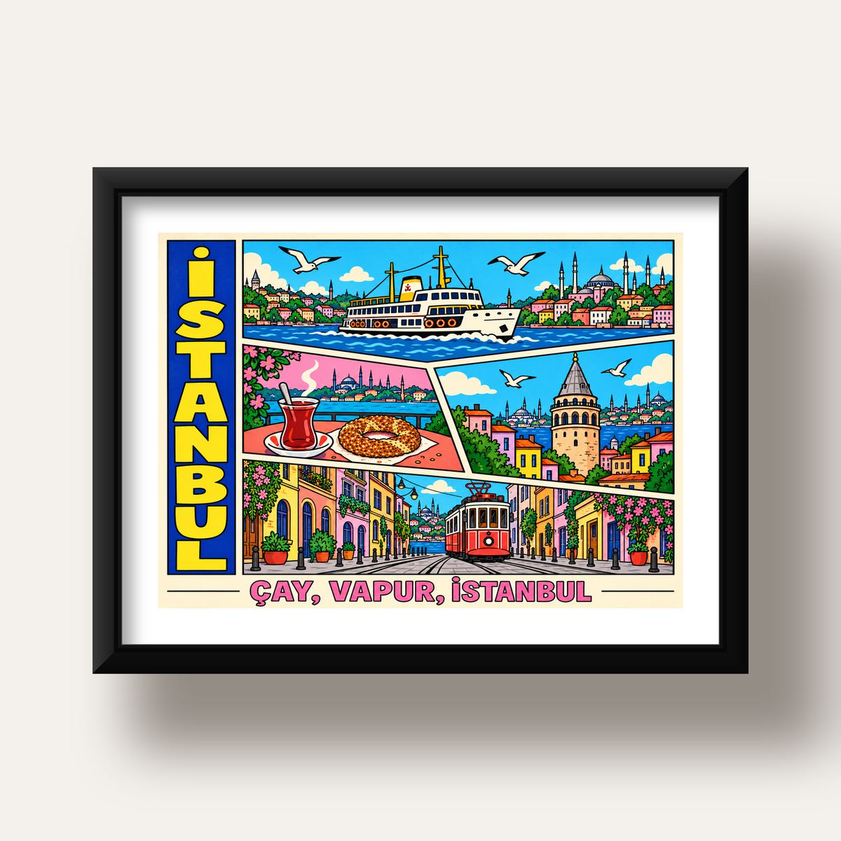 Pop-Art İstanbul Şehir Manzarası Poster – Renkli Modern Dekor — siyah derin çerçeveli paspartulu