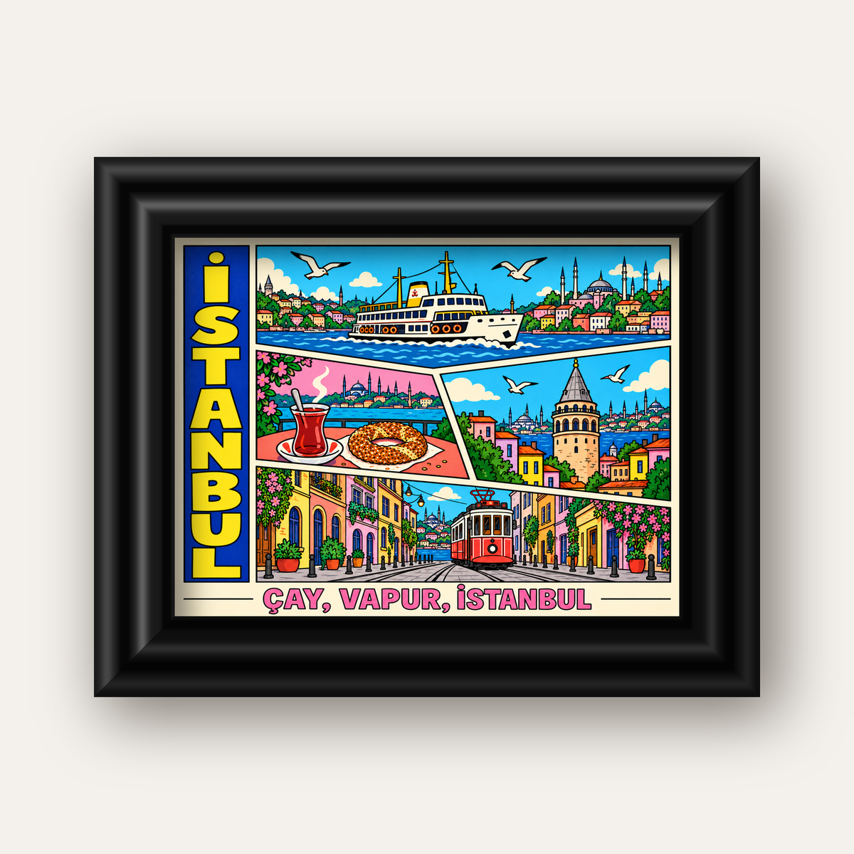 Pop-Art İstanbul Şehir Manzarası Poster – Renkli Modern Dekor — siyah galeri çerçeveli