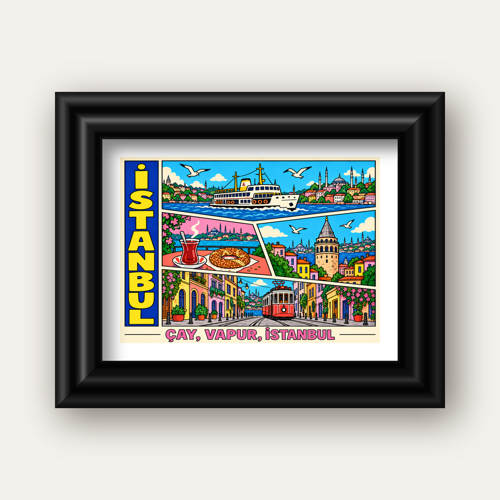 Pop-Art İstanbul Şehir Manzarası Poster – Renkli Modern Dekor — siyah galeri çerçeveli paspartulu