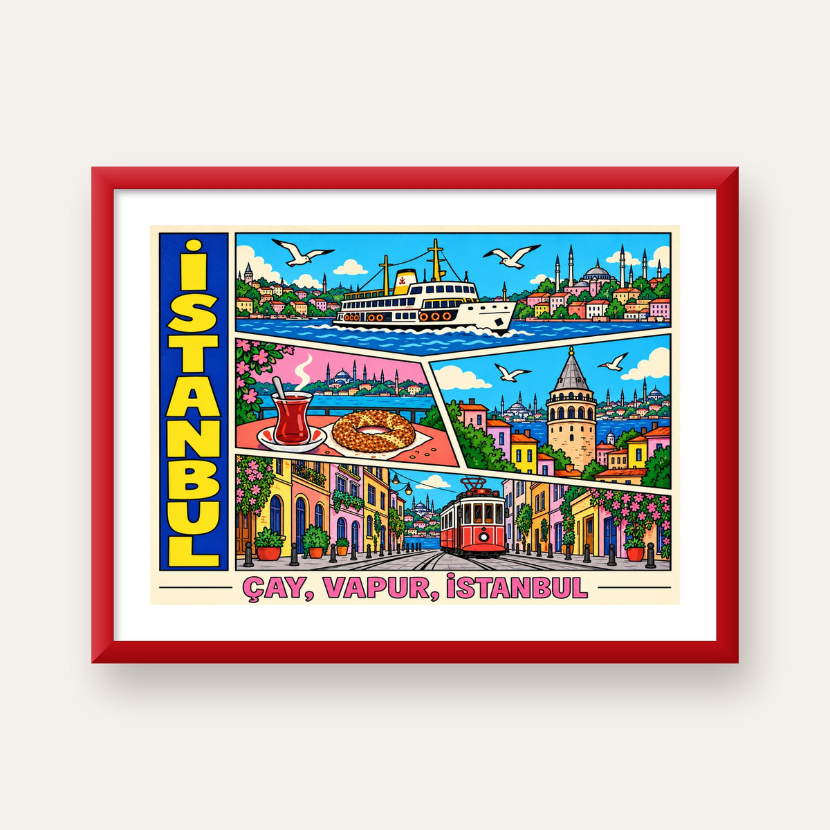 Pop-Art İstanbul Şehir Manzarası Poster – Renkli Modern Dekor — kırmızı çerçeveli paspartulu