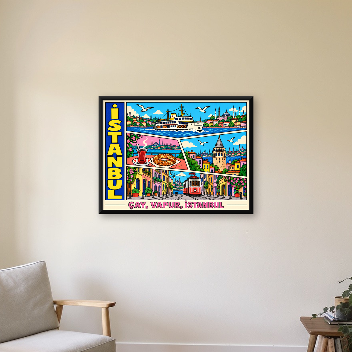 Pop-Art İstanbul Şehir Manzarası Poster – Renkli Modern Dekor — Yatay baskı, çerçeveli hâliyle bir ev duvarında