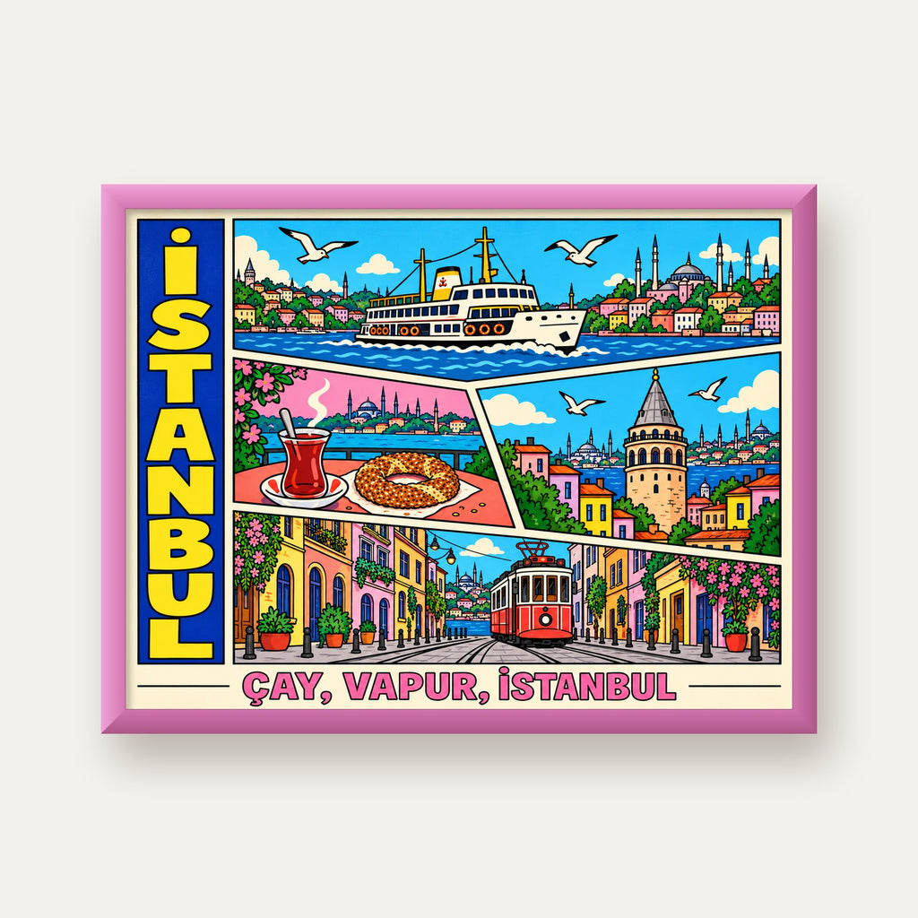 Pop-Art İstanbul Şehir Manzarası Poster – Renkli Modern Dekor — pembe çerçeveli