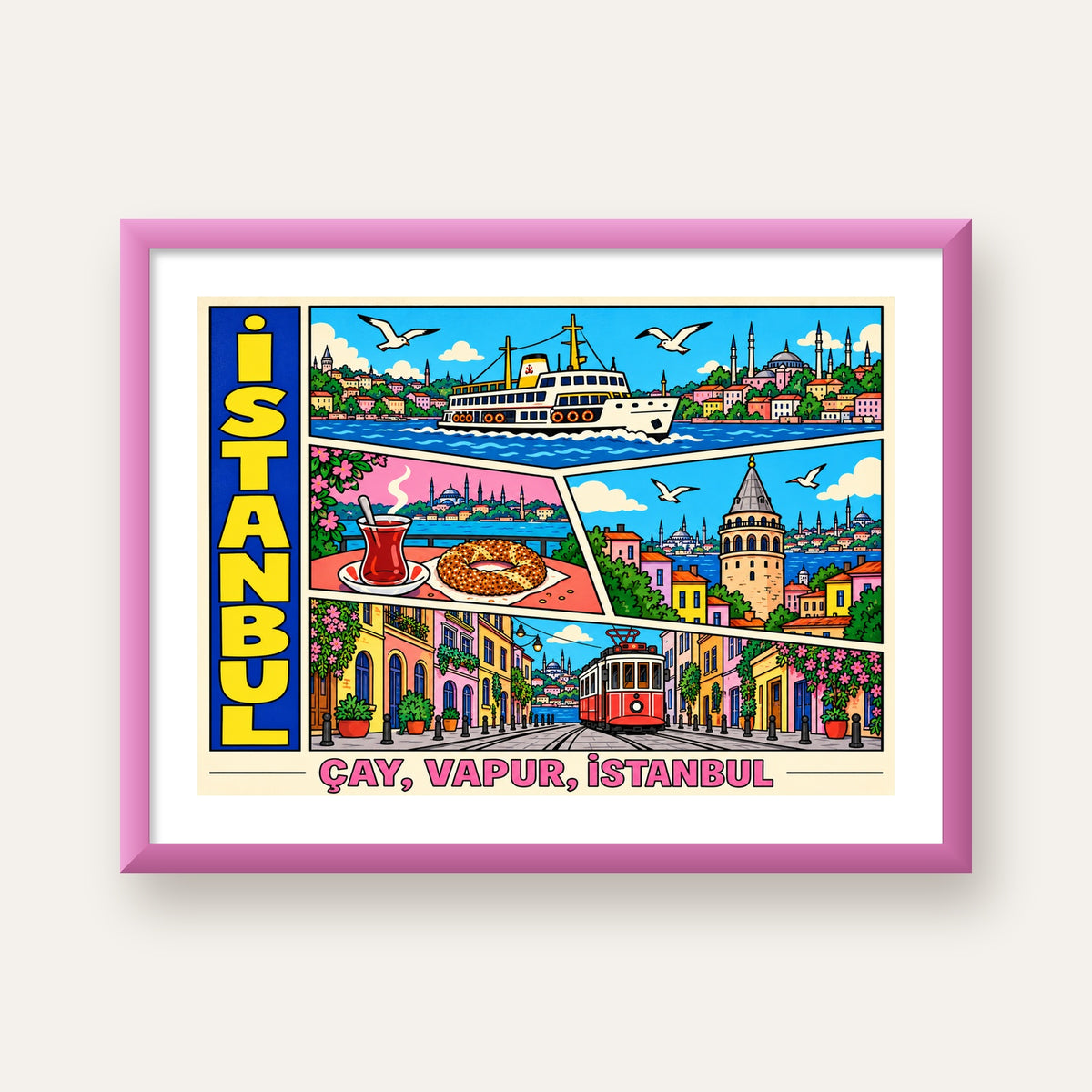 Pop-Art İstanbul Şehir Manzarası Poster – Renkli Modern Dekor — pembe çerçeveli paspartulu