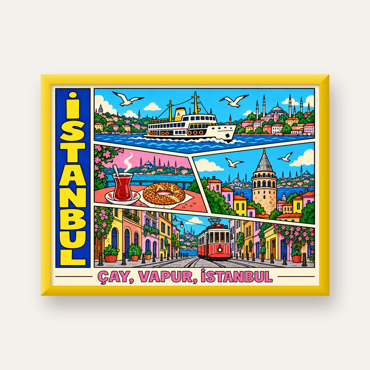 Pop-Art İstanbul Şehir Manzarası Poster – Renkli Modern Dekor — sarı çerçeveli