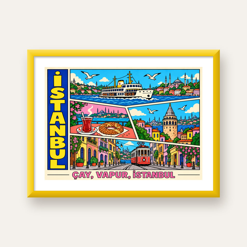 Pop-Art İstanbul Şehir Manzarası Poster – Renkli Modern Dekor — sarı çerçeveli paspartulu