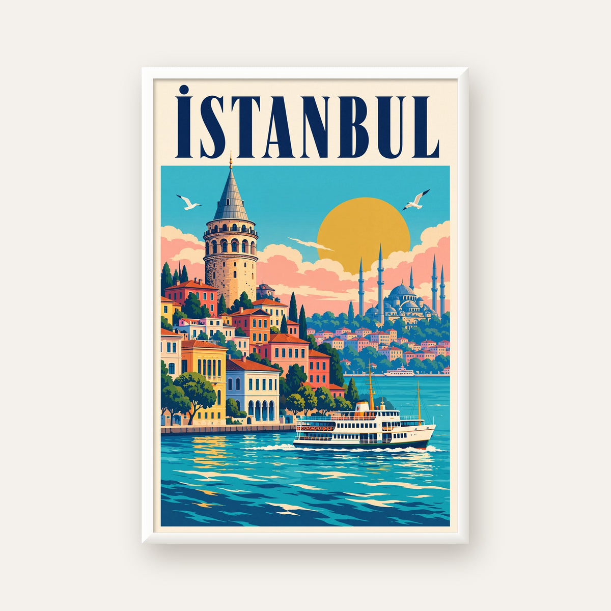 İstanbul Manzarası Retro Poster – Renkli Turistik Sanat Baskısı — beyaz çerçeveli dikey poster