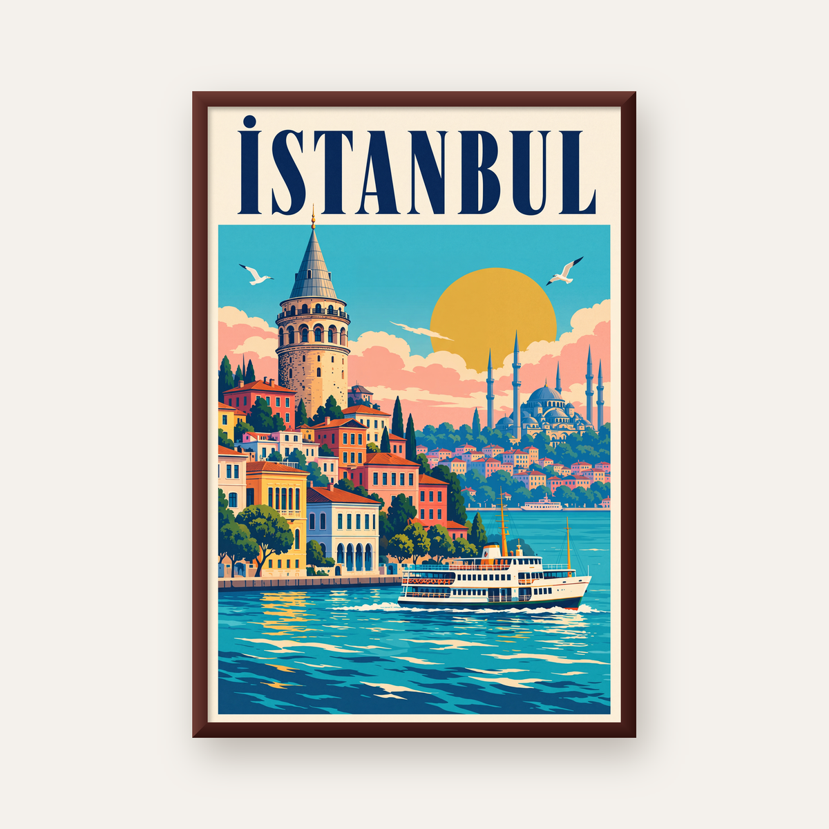 İstanbul Manzarası Retro Poster – Renkli Turistik Sanat Baskısı — ceviz çerçeveli