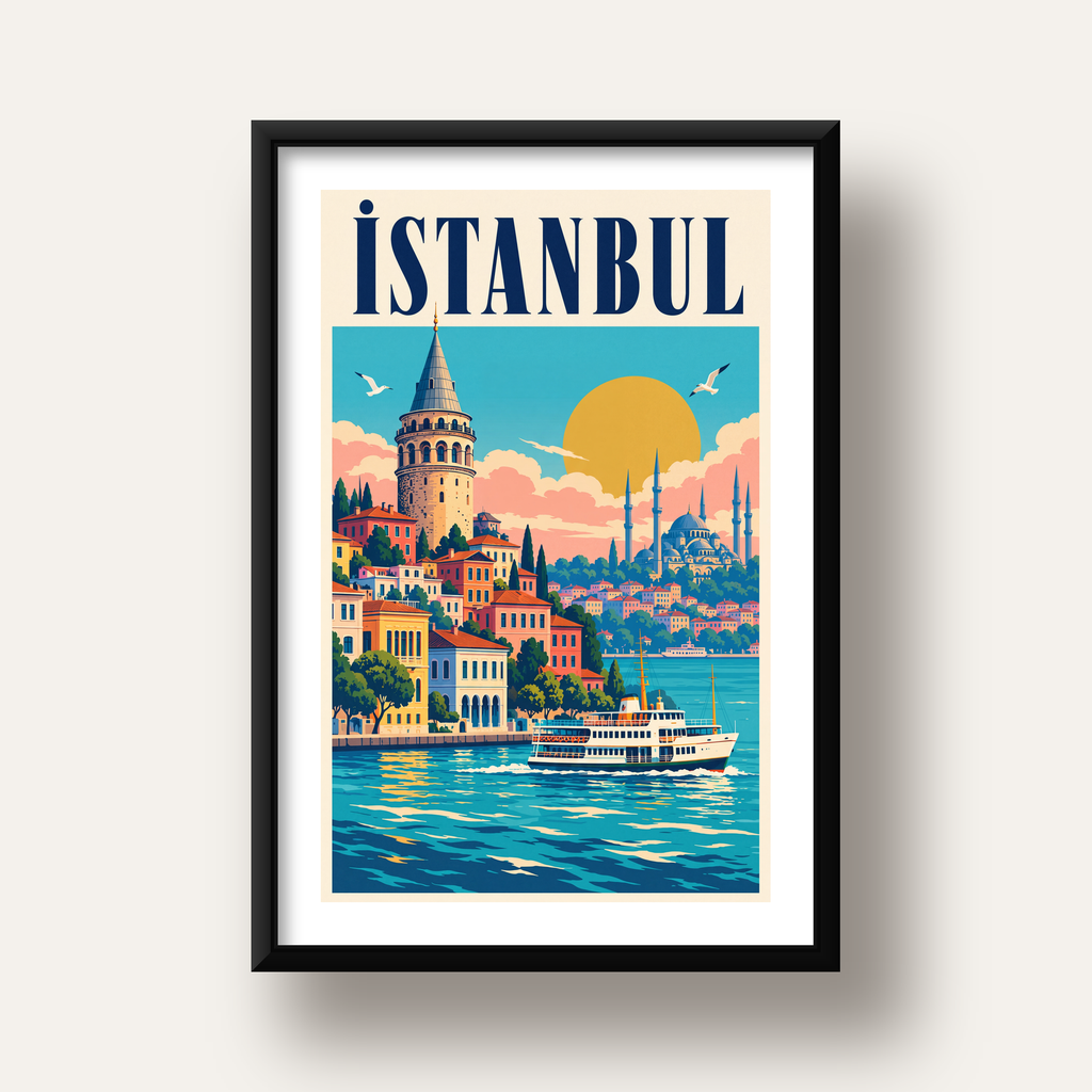 İstanbul Manzarası Retro Poster – Renkli Turistik Sanat Baskısı — siyah derin çerçeveli paspartulu