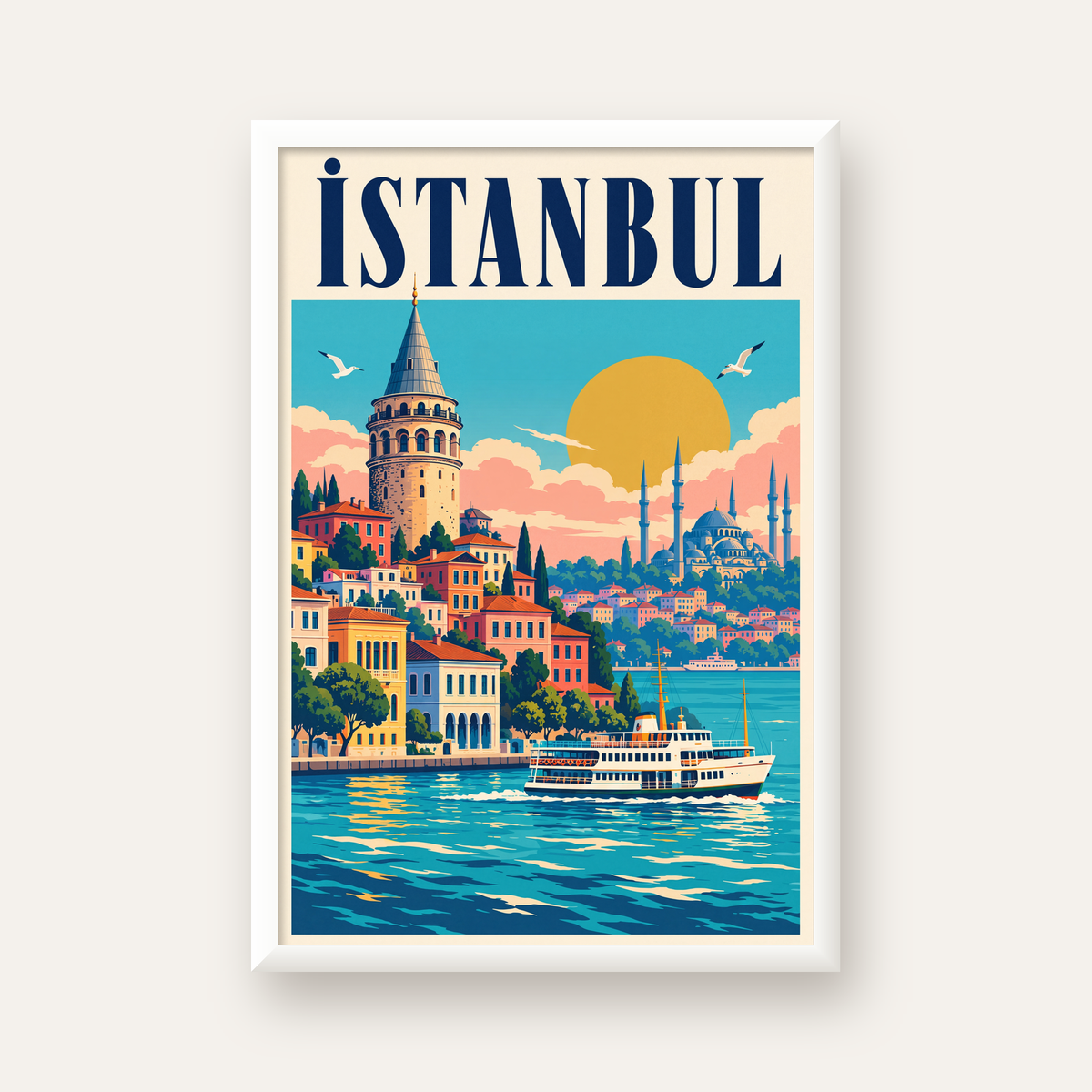 İstanbul Manzarası Retro Poster – Renkli Turistik Sanat Baskısı — beyaz çerçeveli dikey poster